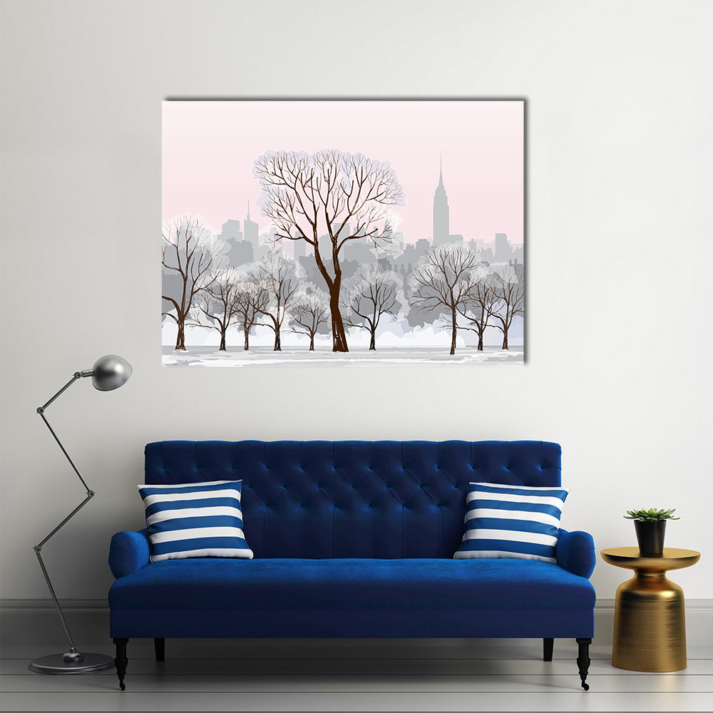 Snow Alley with Empire State Silhouette Canvas Wall Art in white, gray and pink, single panel hung on a wall