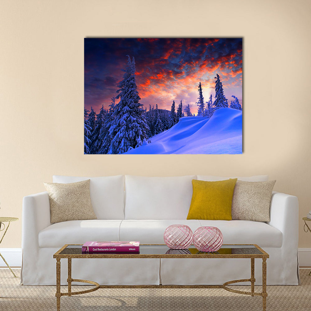 Snowy Winter Landscape At Sunset Canvas Wall Art