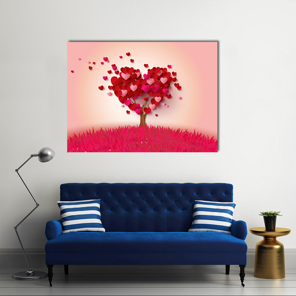 Love Tree With Heart Leaves Canvas Wall Art in red and pink, single panel hung on a wall