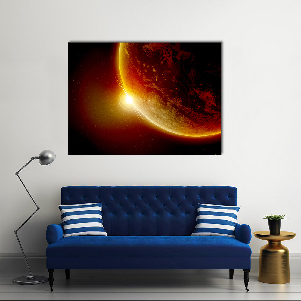 Red Planet Earth In Outer Space With Sun Canvas Wall Art in black, red and orange, single panel hung on a wall