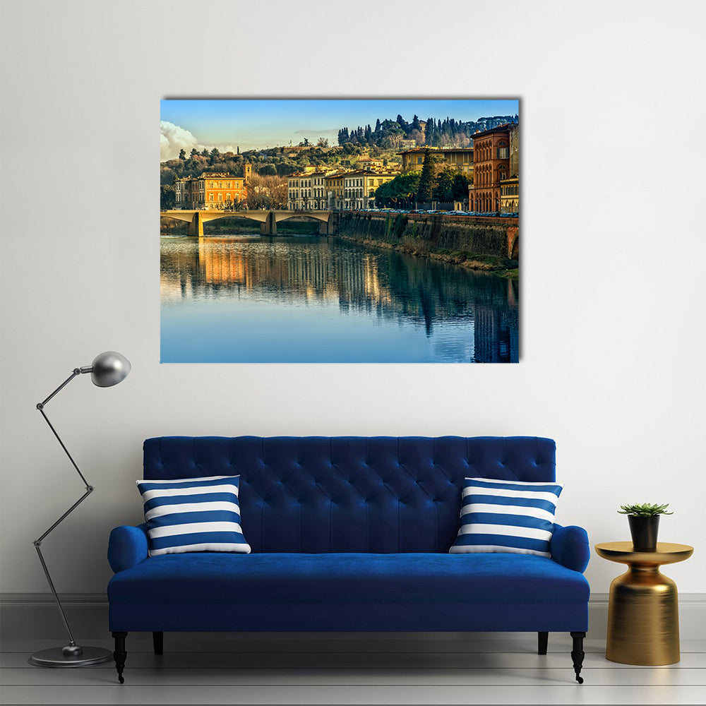 Arno River Reflection in Firenze Canvas Wall Art in brown, yellow and blue, single panel hung on a wall