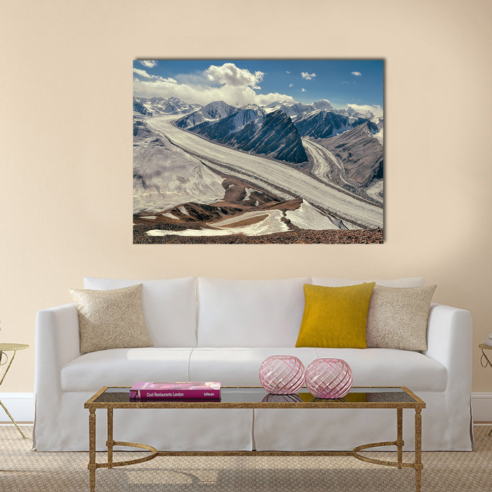 Fedchenko Glacier In Tajikistan Canvas Wall Art in white, brown and blue, single panel hung on a wall