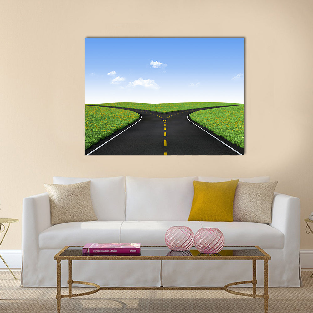 Forked Road in Sunlit Meadows Canvas Wall Art