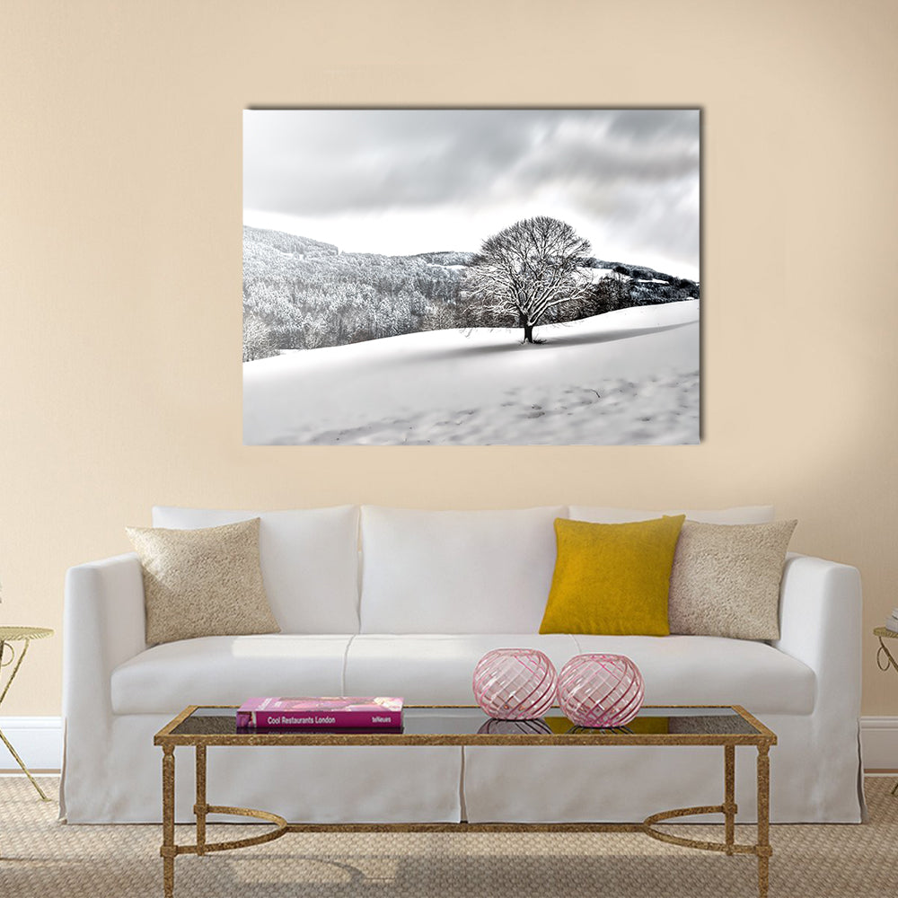 Lonely Tree in Snowy Landscape Canvas Wall Art in black, white and gray, single panel hung on a wall