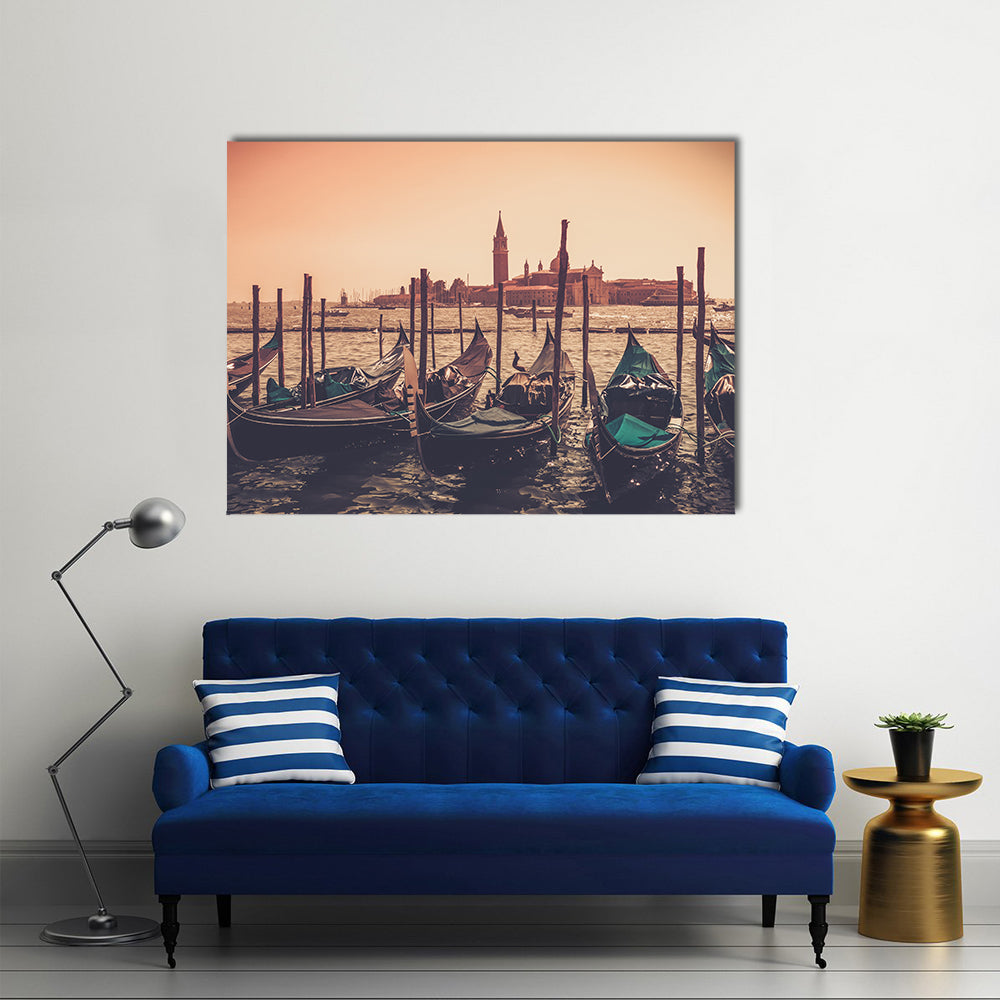 Gondolas Against Venice Panorama In Canal Canvas Wall Art