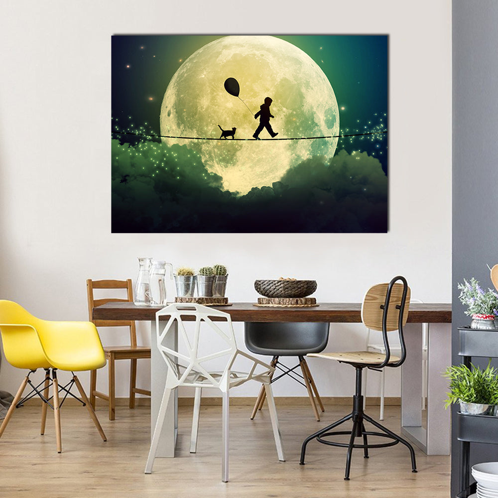 Child on Tightrope Under Full Moon Canvas Wall Art in black, yellow and green, single panel hung on a wall