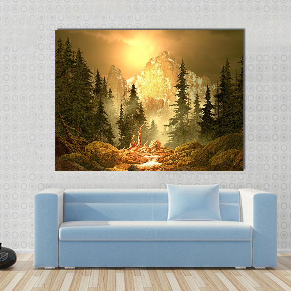 Mountain Stream at Golden Hour Canvas Wall Art in brown, yellow and green, single panel hung on a wall