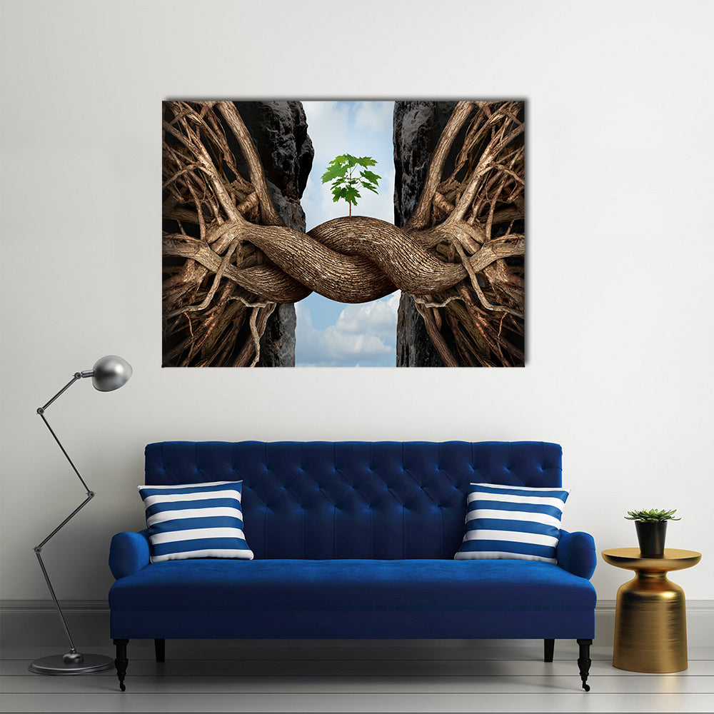 Roots Bridging a Chasm with Green Sapling Canvas Wall Art in gray, brown and blue, single panel hung on a wall