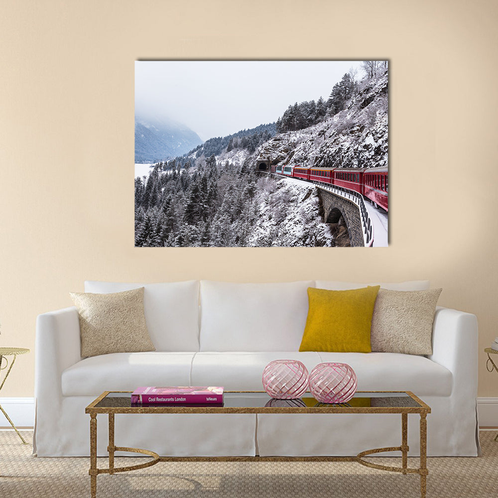 Glacier Express In Switzerland Canvas Wall Art in white, gray and red, single panel hung on a wall