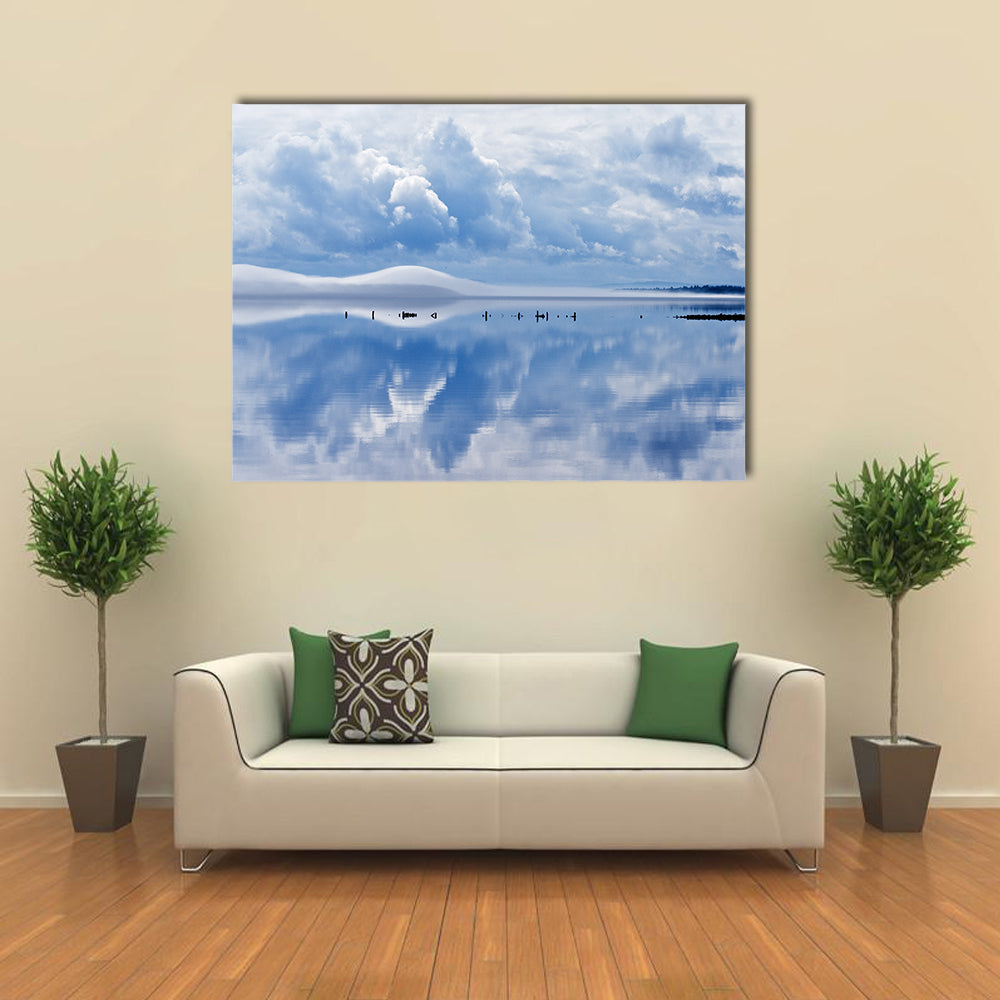 Siljan Lake In Dalarna Sweden Canvas Wall Art in white and blue, single panel hung on a wall