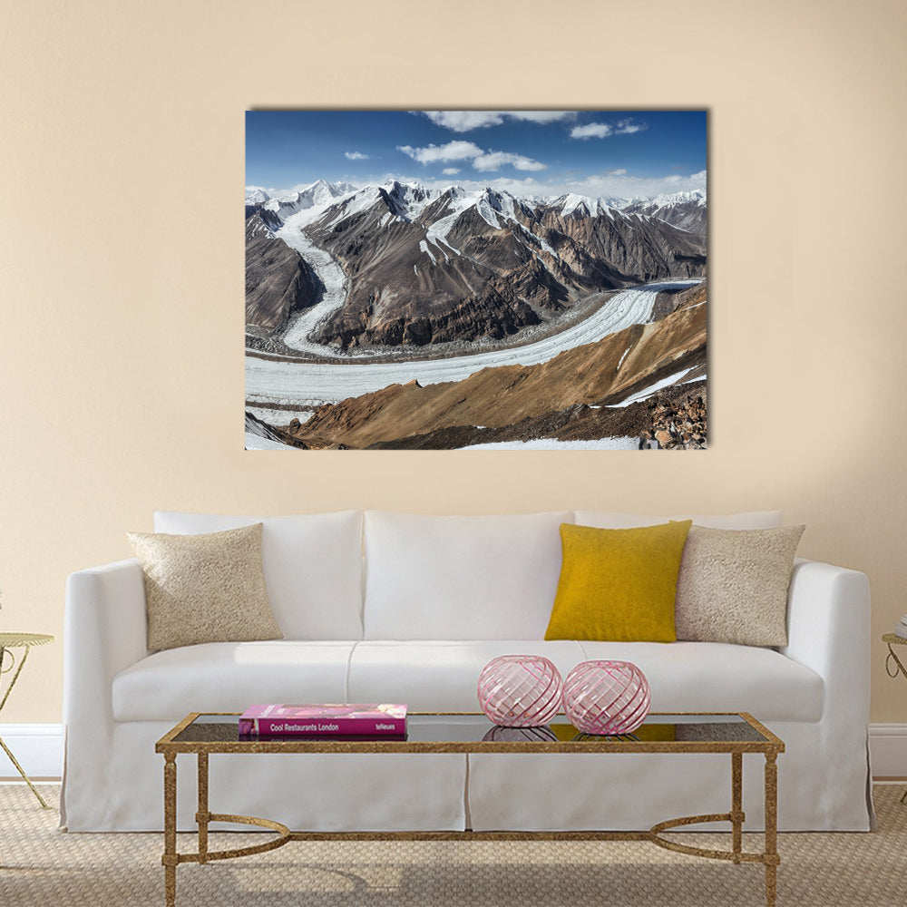 Scenic Fedchenko Glacier In Tajikistan Canvas Wall Art in white, brown and blue, single panel hung on a wall