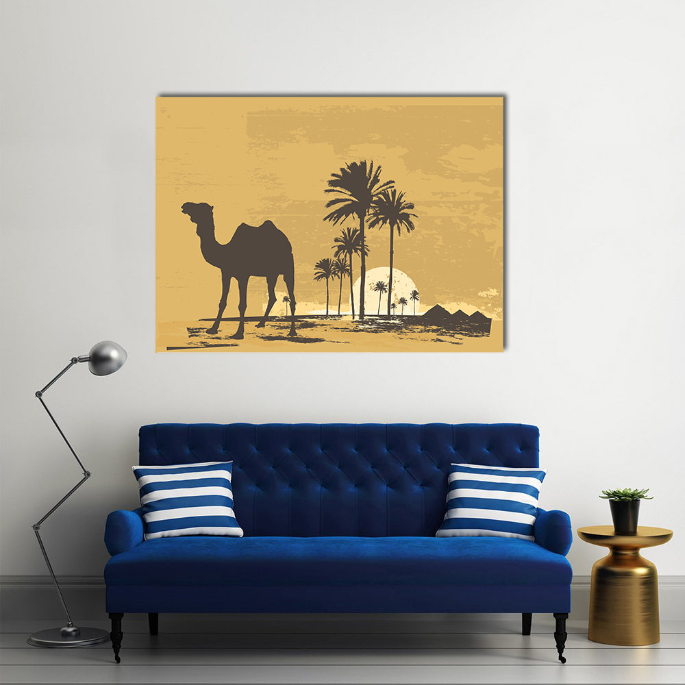 African Desert Sunset with Camel Silhouette Canvas Wall Art in black, brown and yellow, single panel hung on a wall