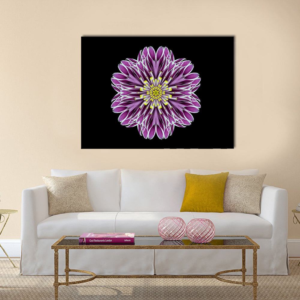 Scenic Purple Mandala Flower Canvas Wall Art in black and purple, single panel hung on a wall