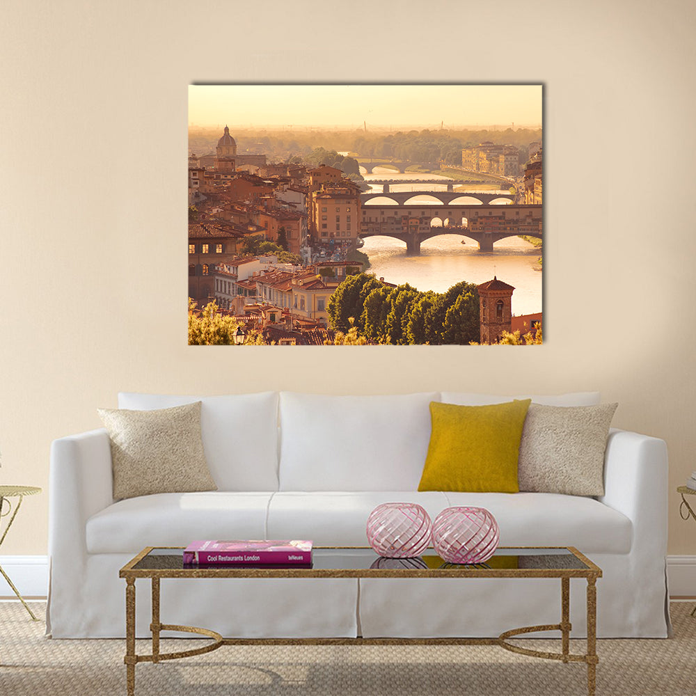 View To Bridge Ponte Vecchio In Florence Italy Canvas Wall Art in brown, orange and yellow, single panel hung on a wall