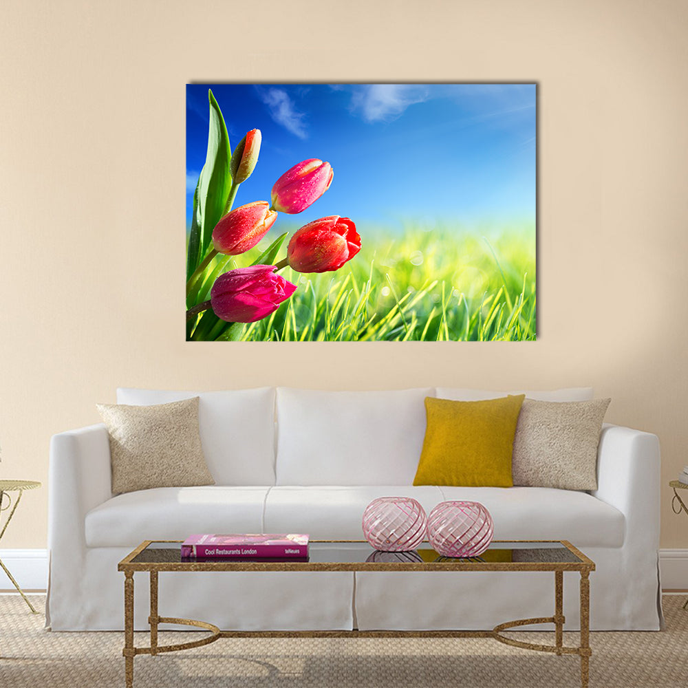 Sunny Spring Tulips in Meadow Canvas Wall Art in green, blue and pink, single panel hung on a wall