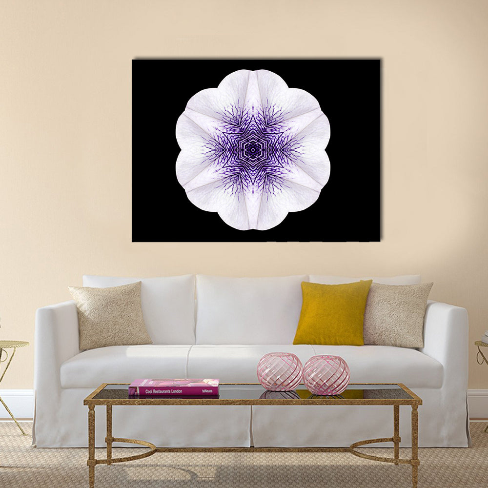 White Flower Mandala Canvas Wall Art in black, white and purple, single panel hung on a wall