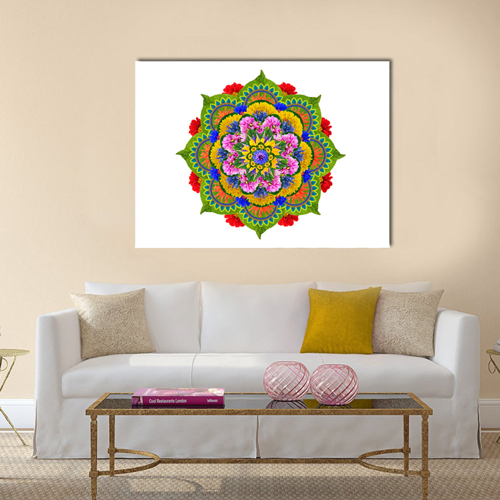 Sacred Lotus Mandala Canvas Wall Art in white, green and multicolor, hung on a wall