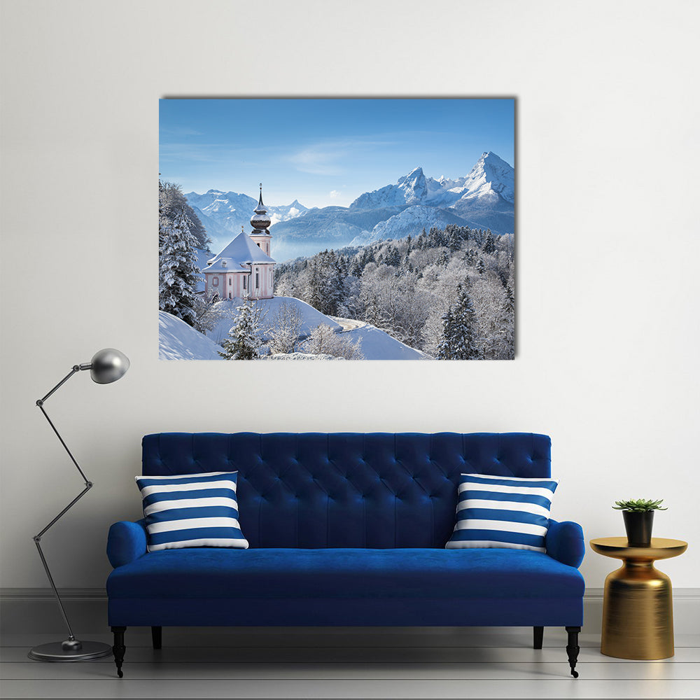 Snowy Alps With Church In Bavaria Canvas Wall Art