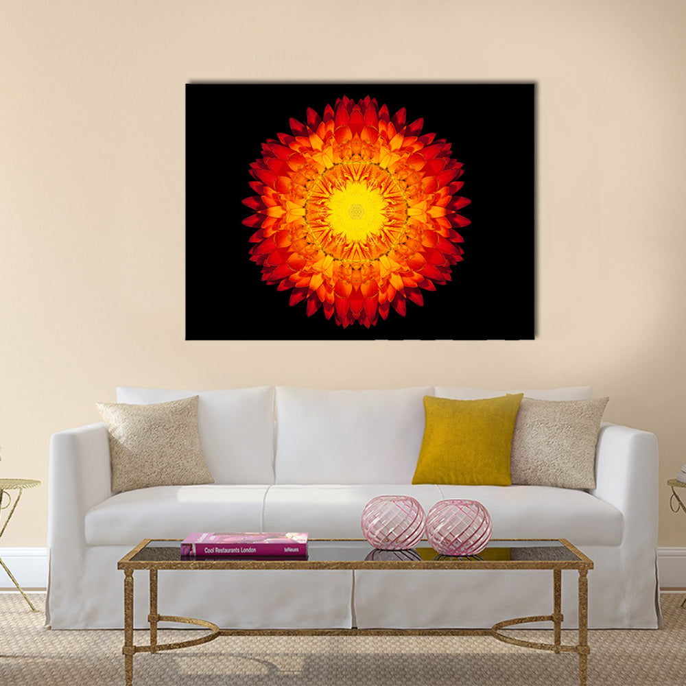 Red Flower Mandala Canvas Wall Art in black, red and yellow, single panel hung on a wall