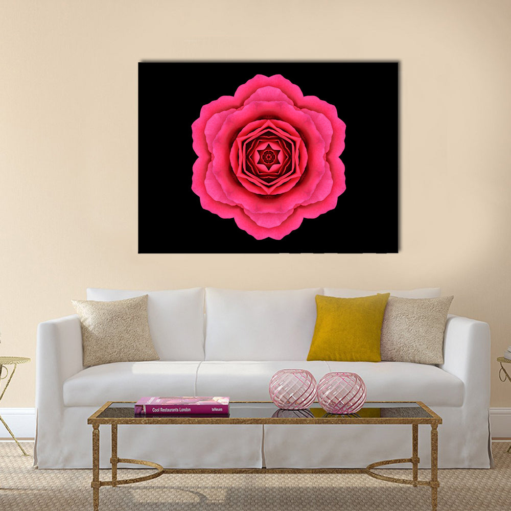 Pink Kaleidoscope Flower Canvas Wall Art in black and pink, single panel hung on a wall