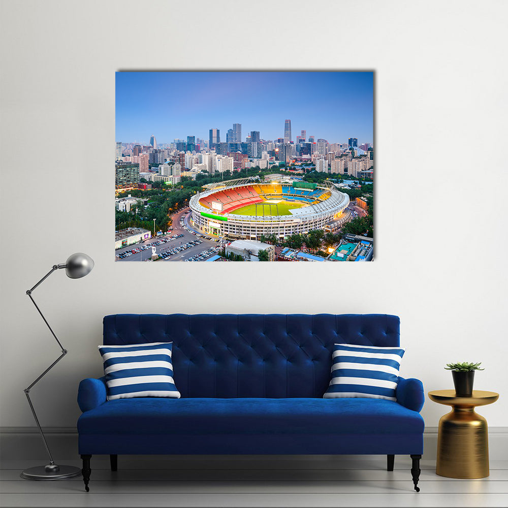Stadium In Beijing Cityscape Canvas Wall Art in gray, green and blue, single panel hung on a wall