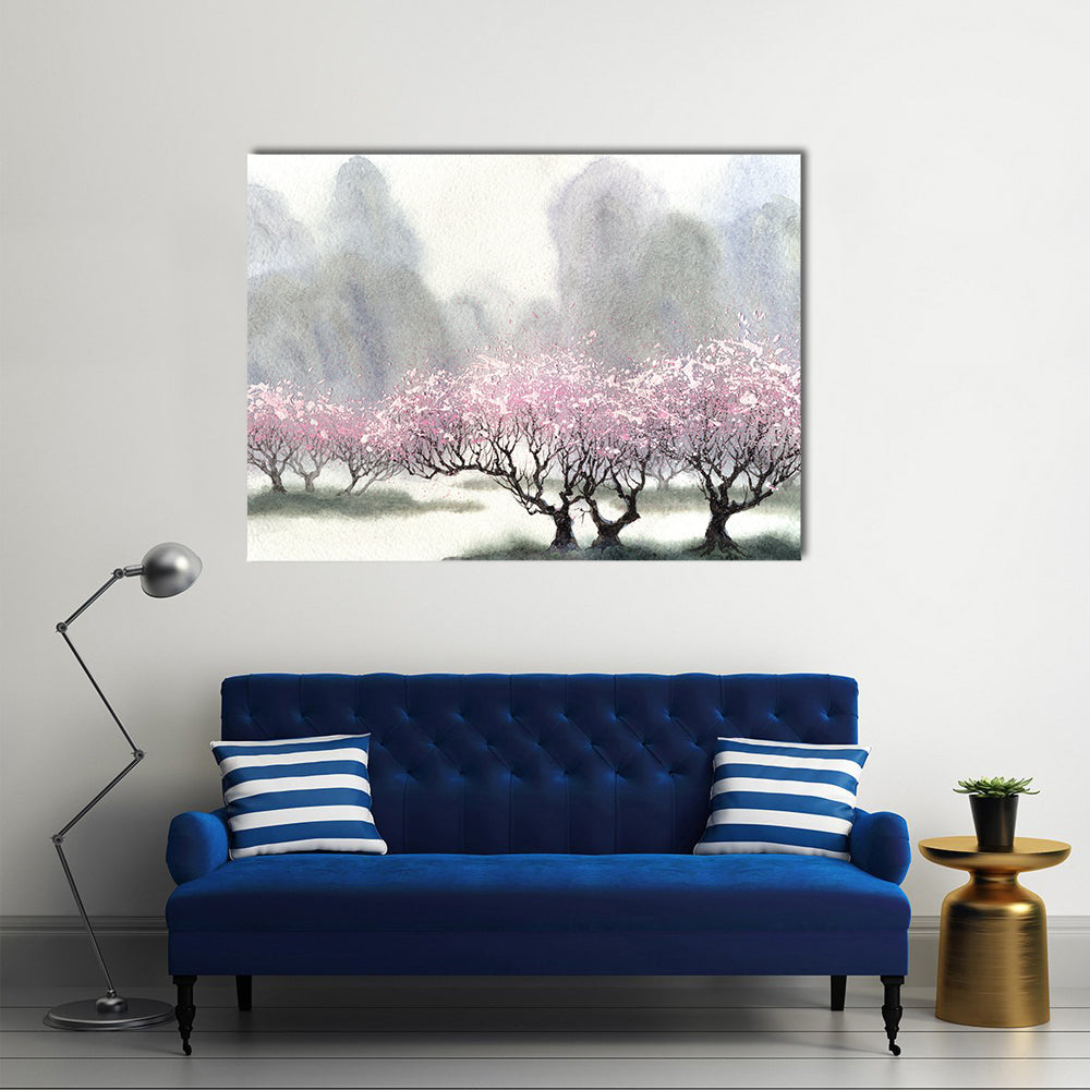 Misty Spring Cherry Blossom Orchard Canvas Wall Art