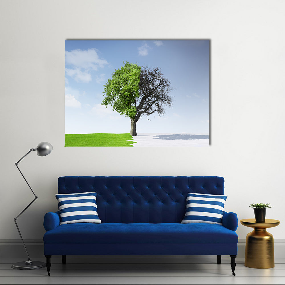 Summer To Winter Concept Canvas Wall Art in white, green and blue, single panel hung on a wall
