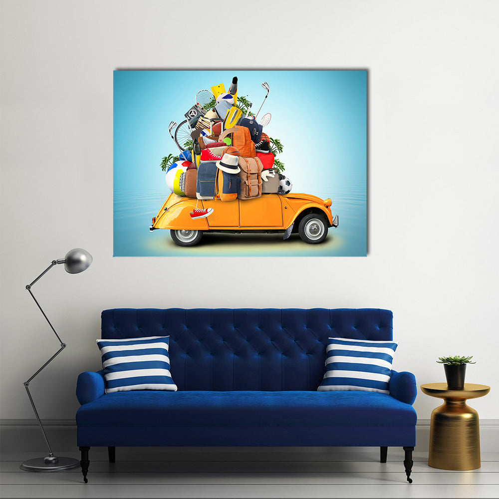 Yellow-orange 2cv with Overloaded Luggage Canvas Wall Art
