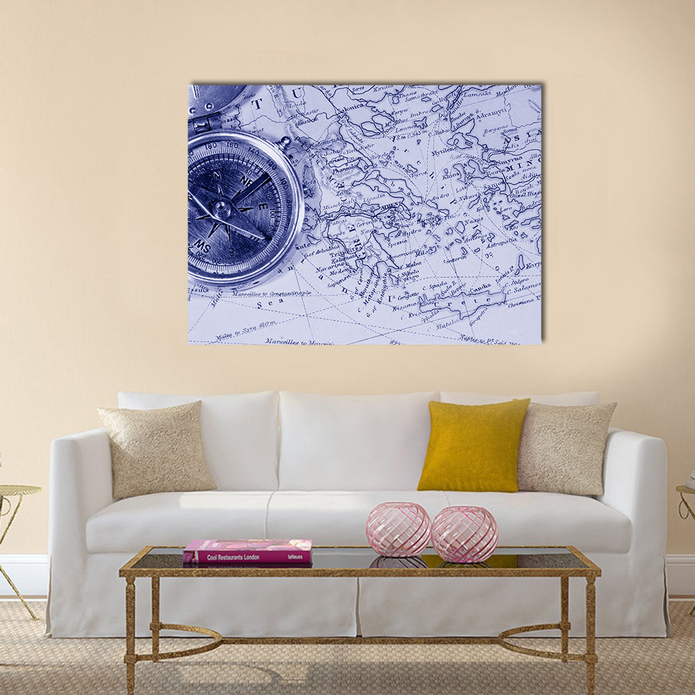 Antique Maps Showing Countries And Trade Routes Canvas Wall Art in white and blue, single panel hung on a wall