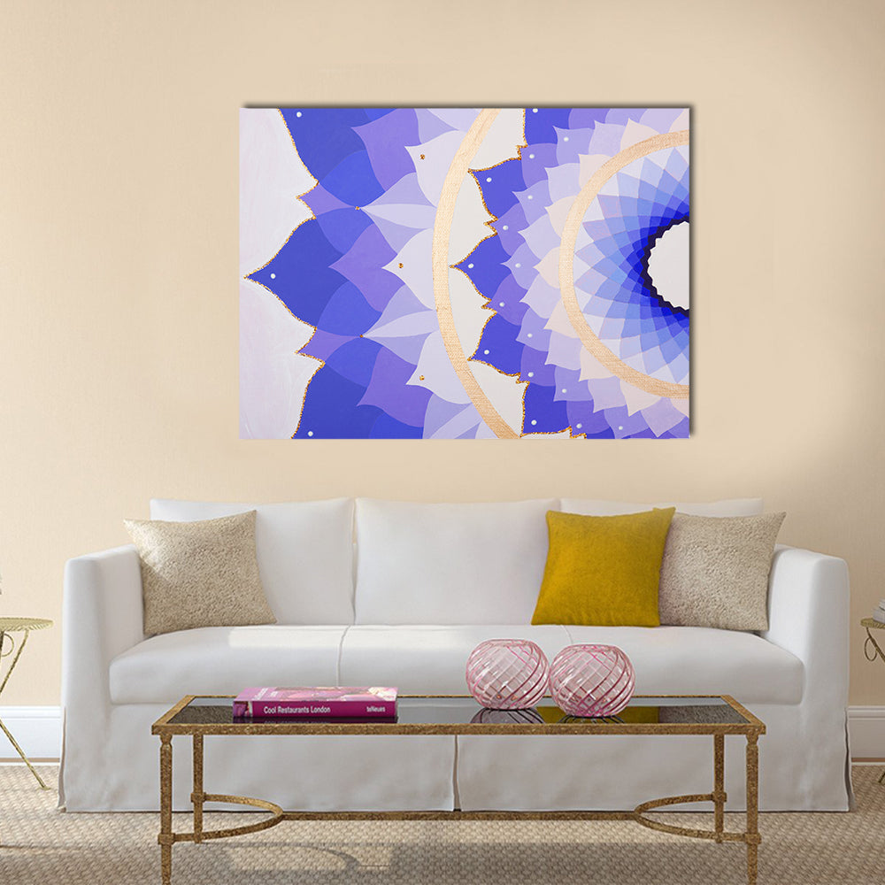 Purple Flower Mandala Canvas Wall Art in gold, blue and purple, single panel hung on a wall