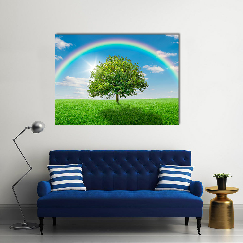 Old Oak Tree on Green Meadow Canvas Wall Art