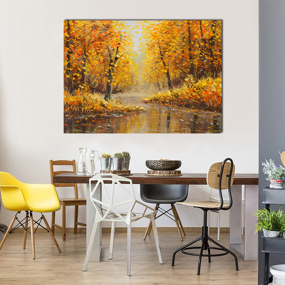 Golden Autumn Along a River Canvas Wall Art in gold, orange and yellow, single panel hung on a wall