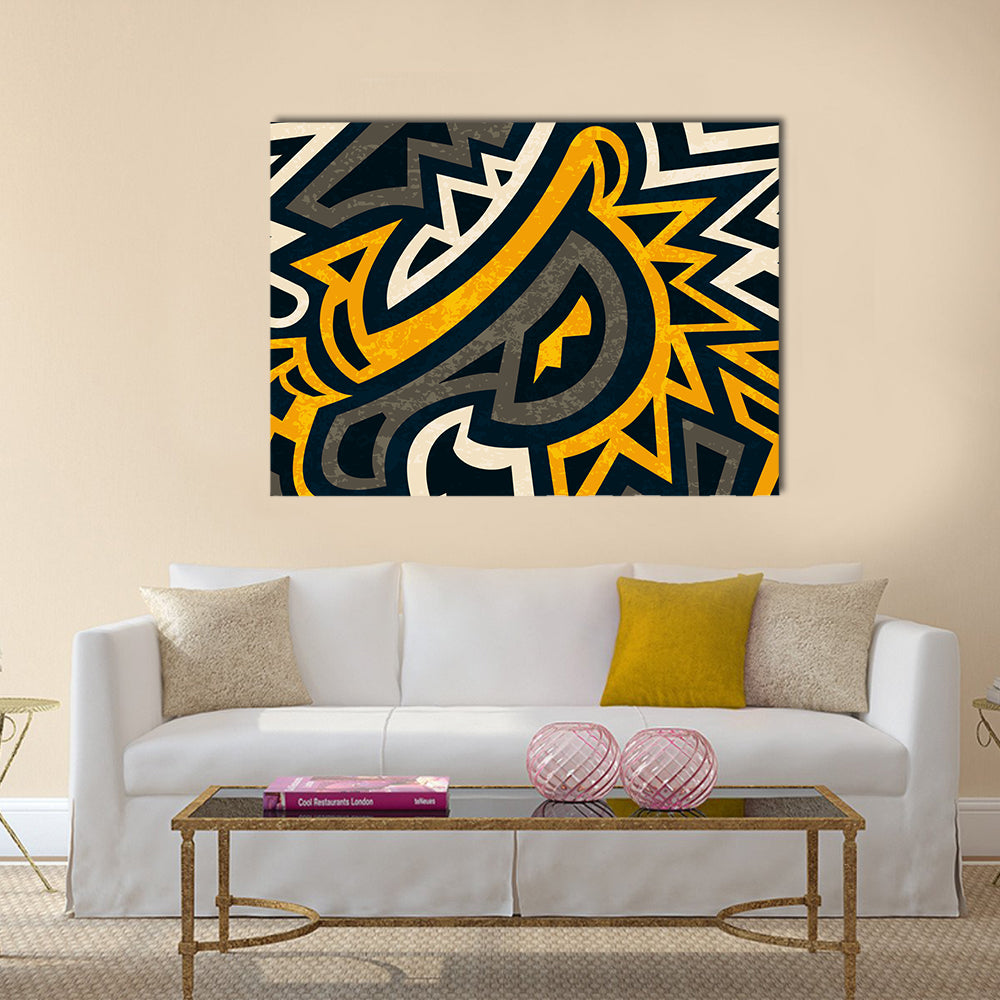 Seamless African Geometric Pattern Canvas Wall Art in black, white and yellow, single panel hung on a wall