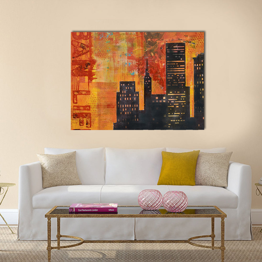 Abstract Urban Skyline with Stenciled Text Canvas Wall Art in black, orange and yellow, single panel hung on a wall