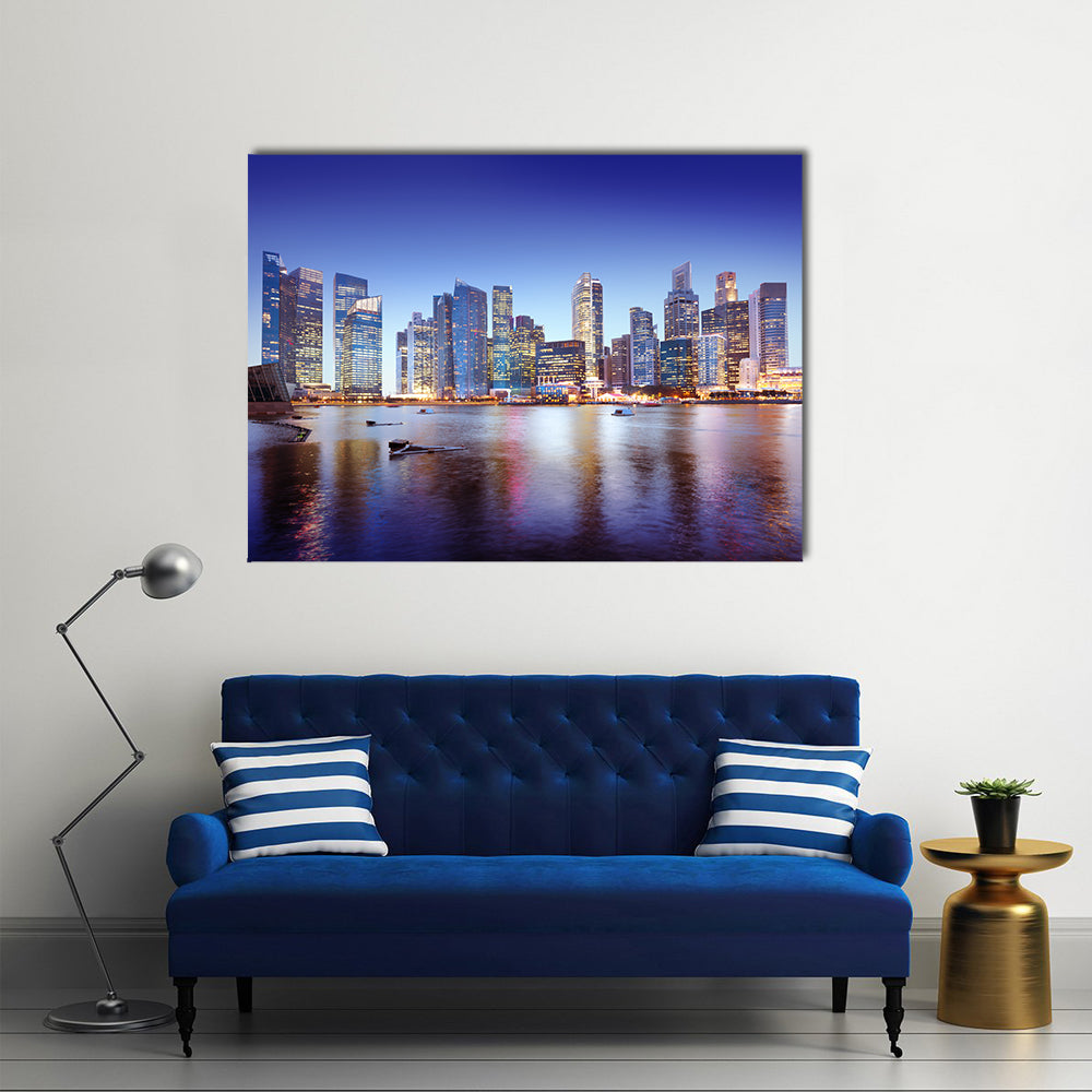 Singapore Cityscape Canvas Wall Art in yellow, blue and navy, single panel hung on a wall