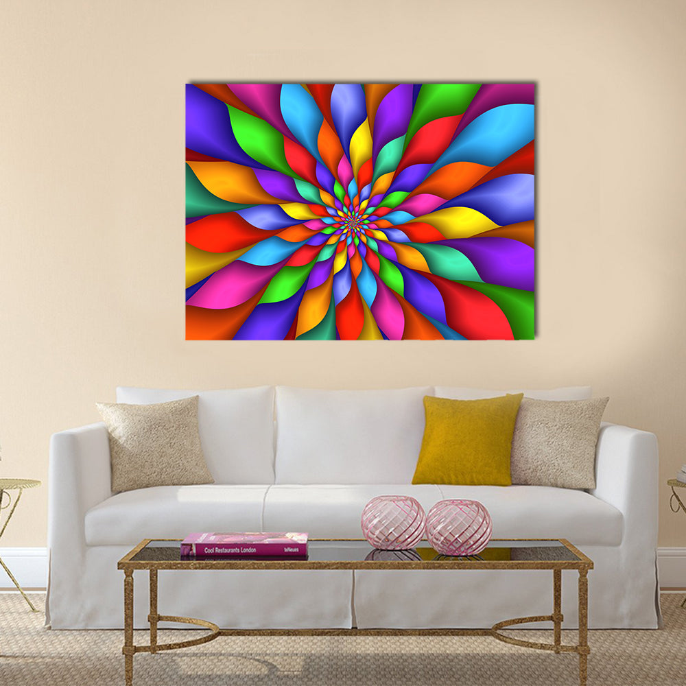 Rainbow Petal Spiral Abstract Canvas Wall Art in multicolor, single panel hung on a wall