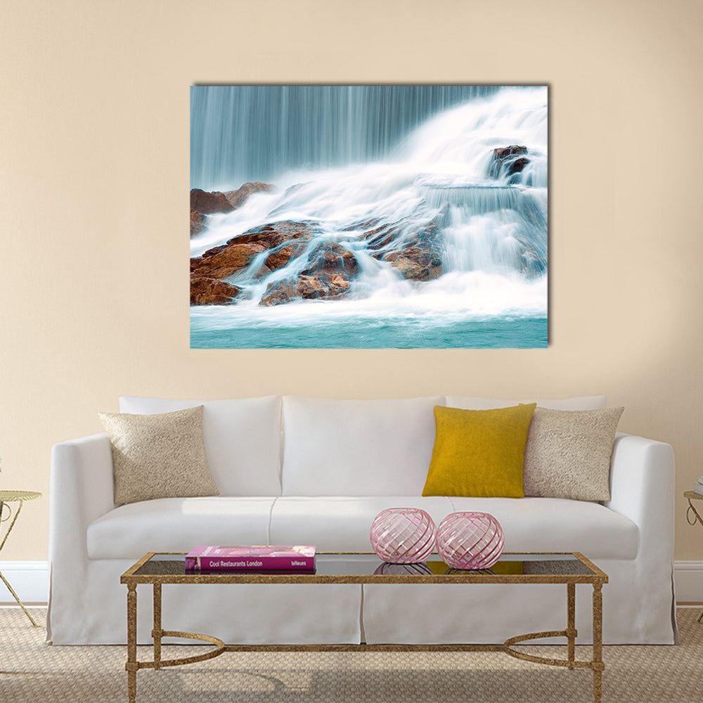 Ningbo Waterfall In China Canvas Wall Art in white, brown and blue, single panel hung on a wall