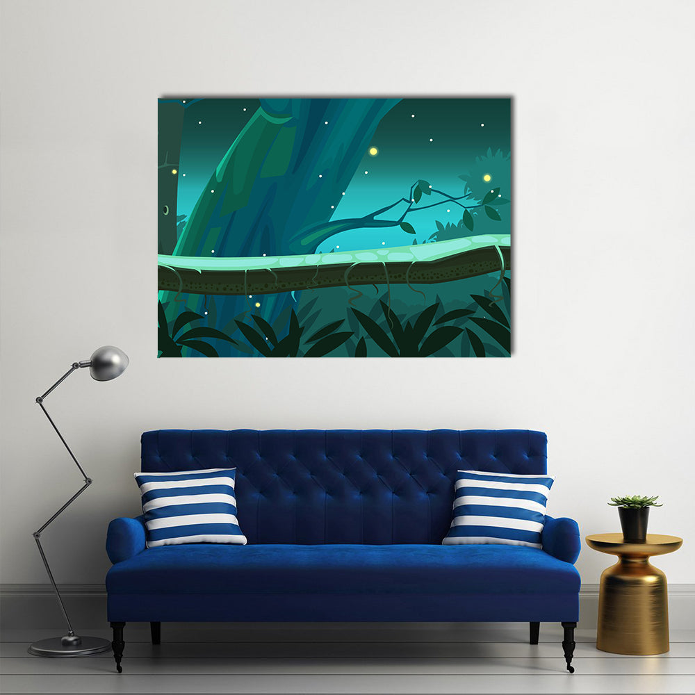Mossy Tree Trunk with Glowing Fireflies Canvas Wall Art