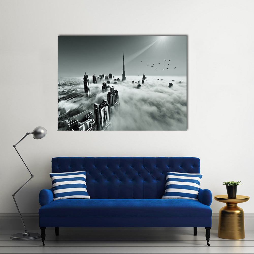 Dubai Downtown In Dense Fog Canvas Wall Art in black, white and gray, single panel hung on a wall