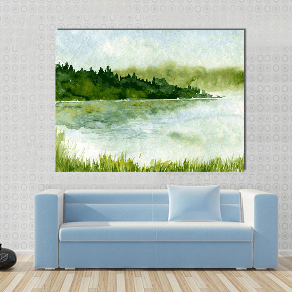 Watercolor River and Spruce Forest Canvas Wall Art in white, green and blue, single panel hung on a wall