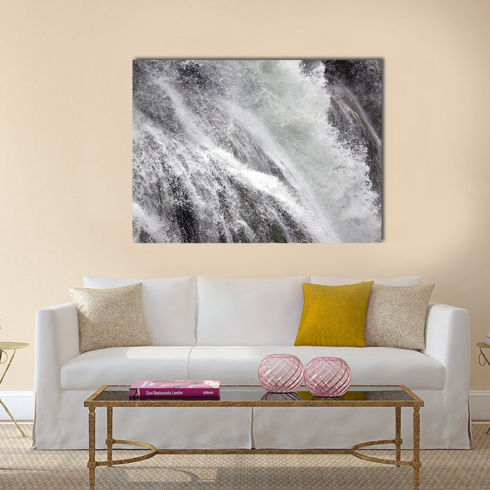 Marmore Falls in Italy Canvas Wall Art in black, white and gray, single panel hung on a wall