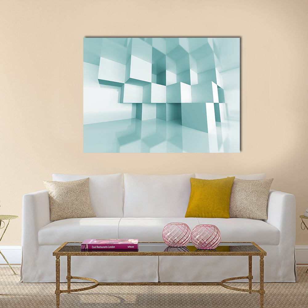Reflective Stacked Cubes Canvas Wall Art in white and blue, single panel hung on a wall