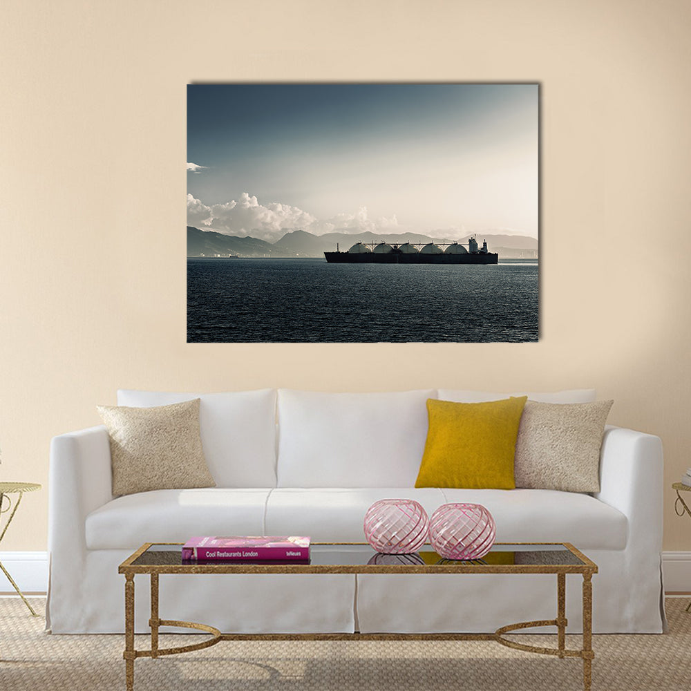 Liquefied Natural Gas LNG Carrier Ship In Sea Canvas Wall Art in white, gray and blue, single panel hung on a wall