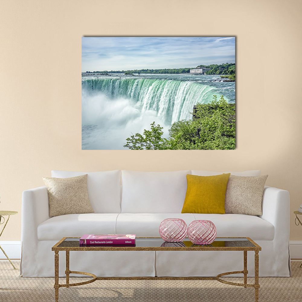 Niagara Falls From The Canadian Side Canvas Wall Art in white, green and blue, single panel hung on a wall