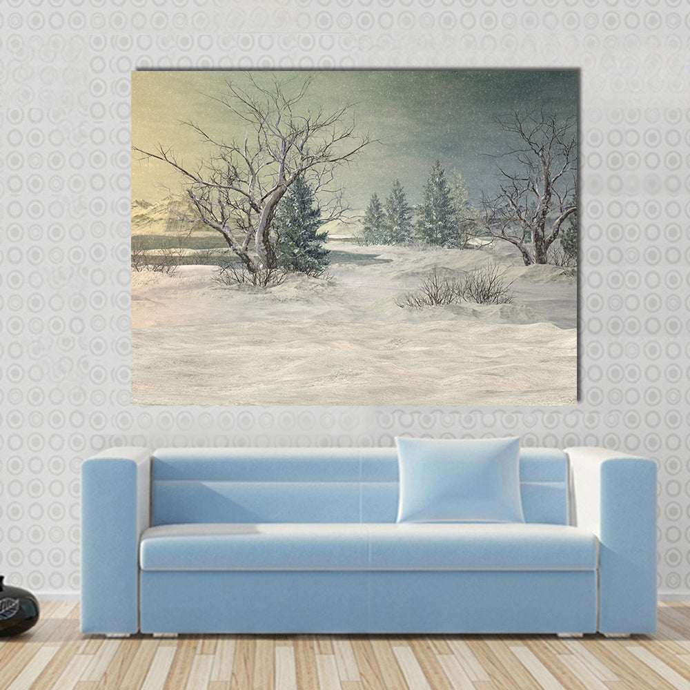 Snow-covered Field with Bare Trees and Mountains Canvas Wall Art in white and gray, single panel hung on a wall