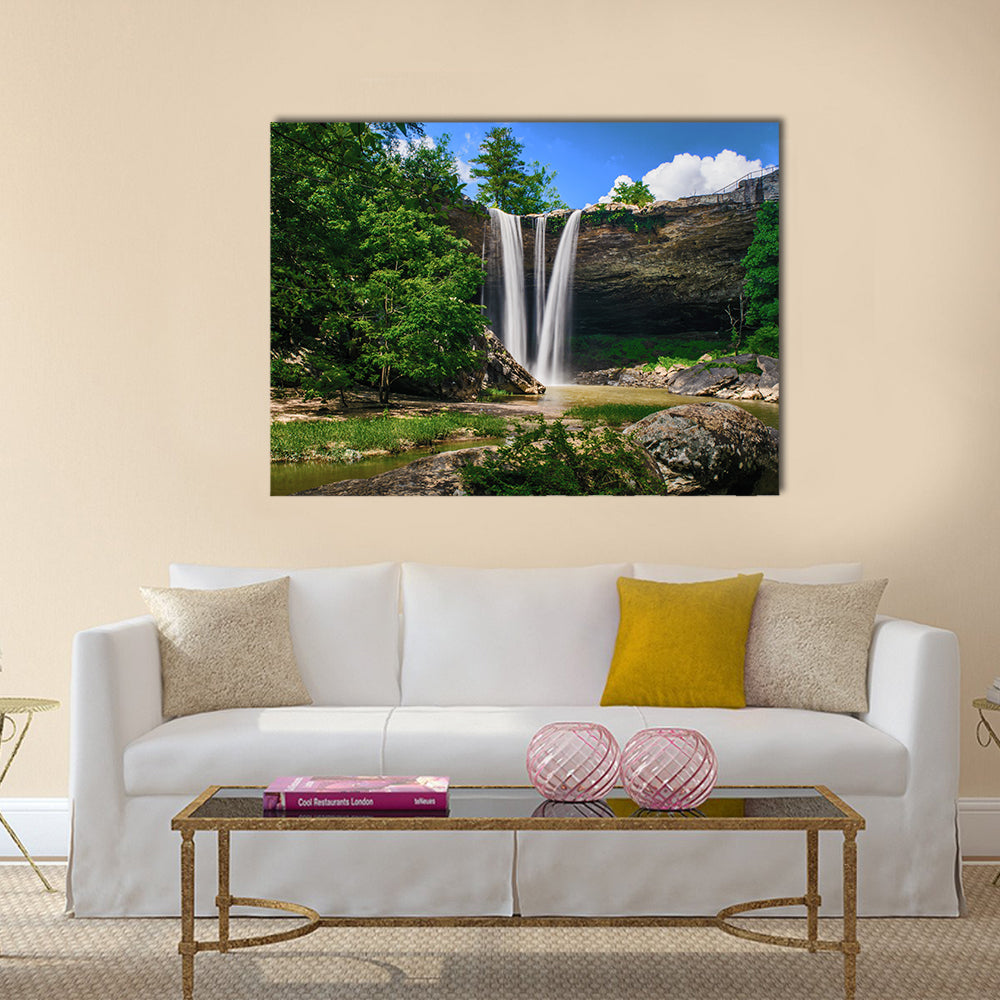 Noccalula Waterfall with Split Falls Canvas Wall Art in brown, green and blue, single panel hung on a wall