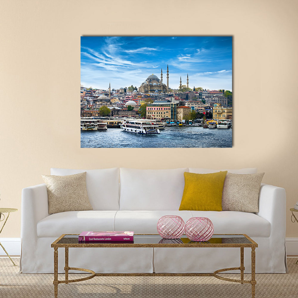 Istanbul The Capital Of Turkey Canvas Wall Art in blue and multicolor, single panel hung on a wall