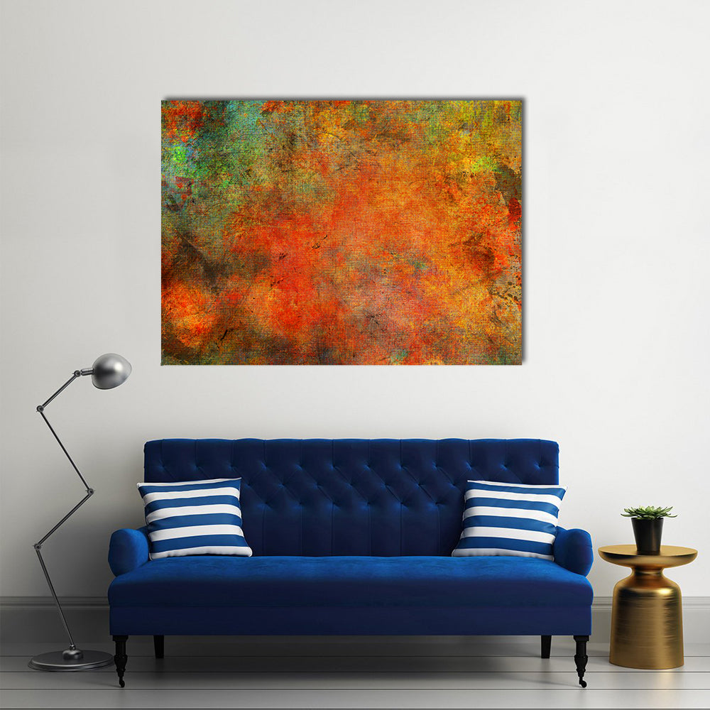 Textured Autumn Color Fields Canvas Wall Art in red, orange and yellow, single panel hung on a wall