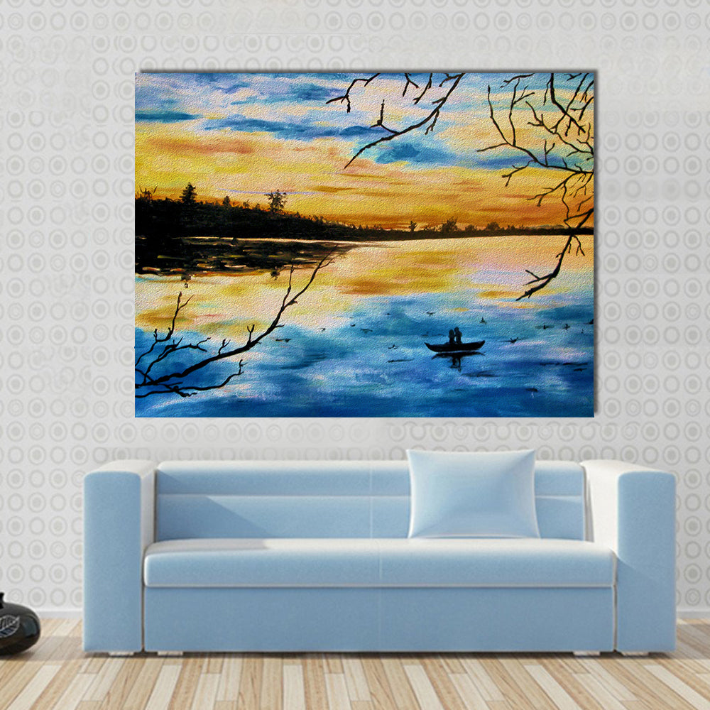 Lovers in a Boat at Sunset Canvas Wall Art