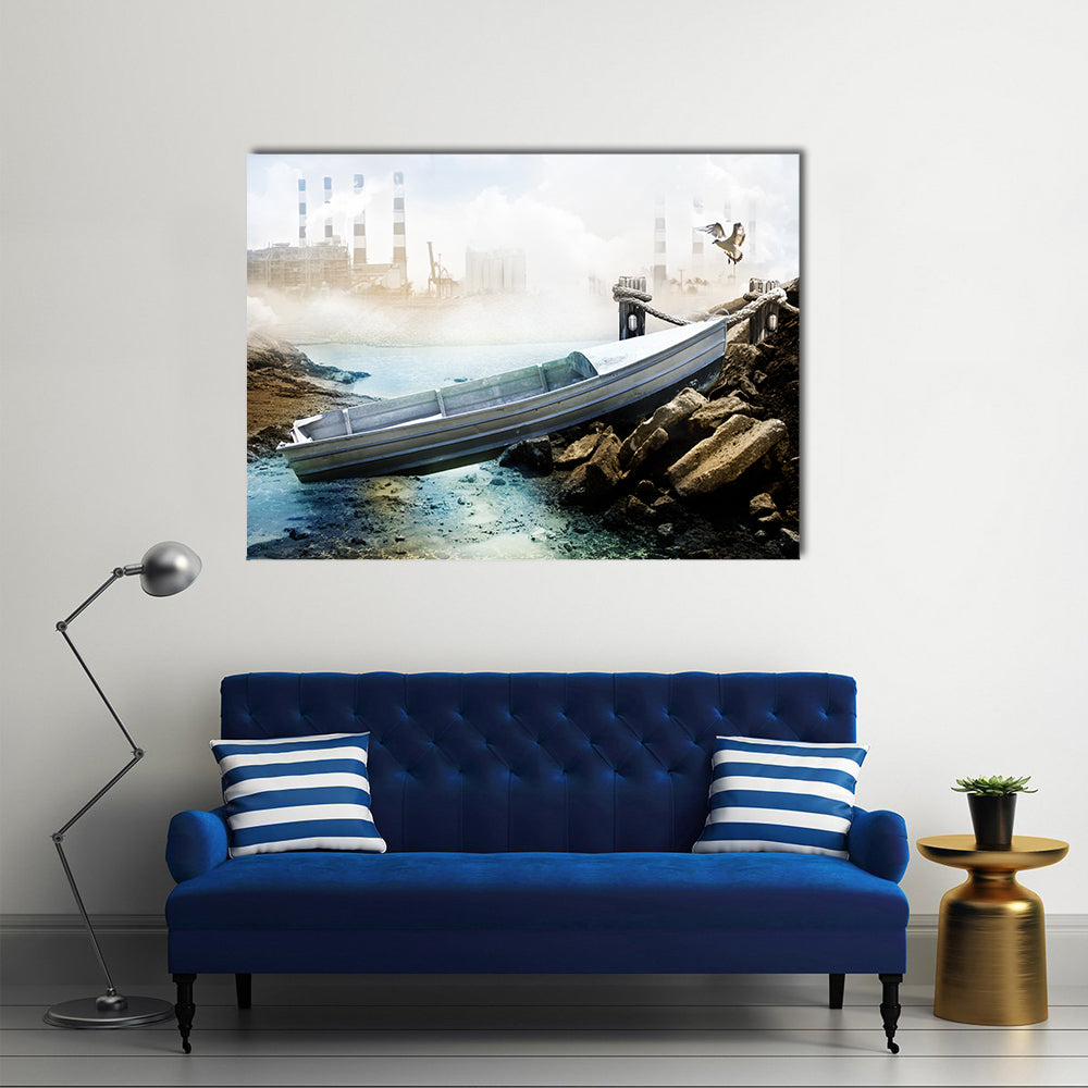 Weathered Boat at Industrial Shoreline Canvas Wall Art